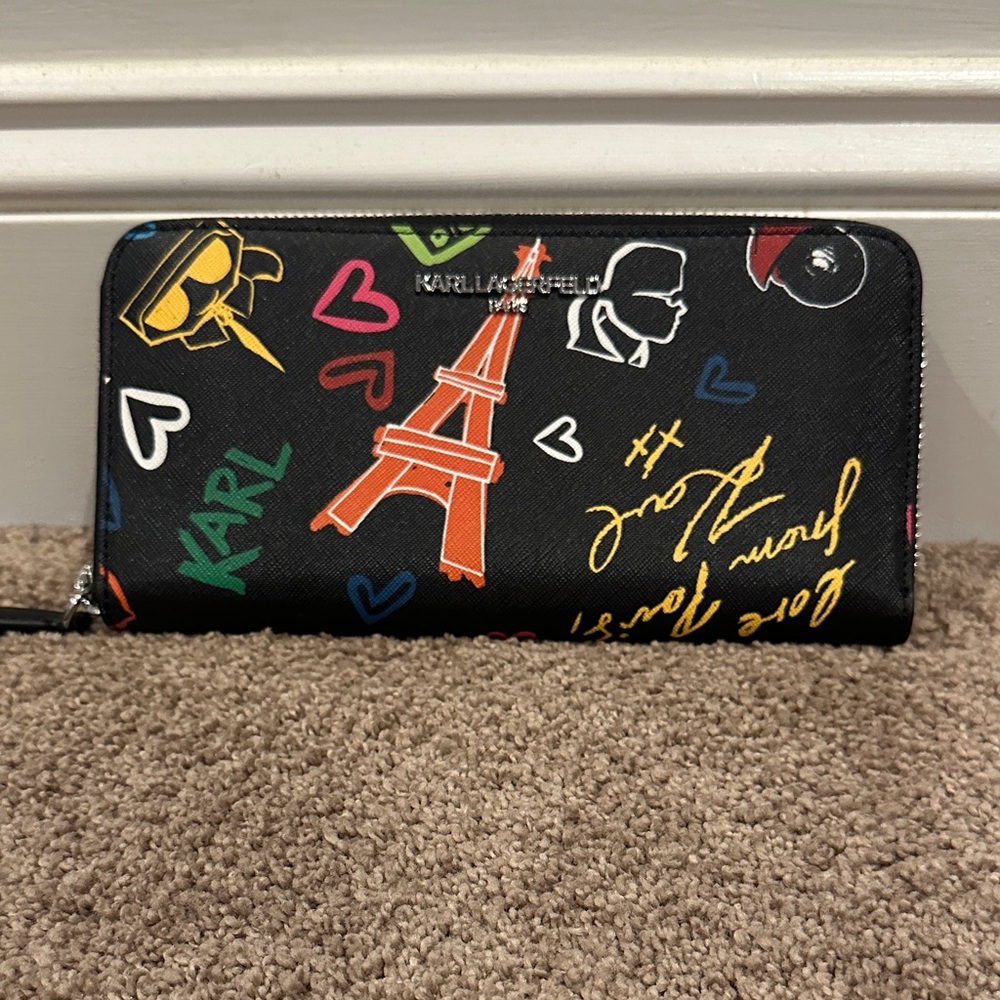 EUC Karl Lagerfeld Black Graffiti Eiffel Zip Wallet with Multicolor Accents